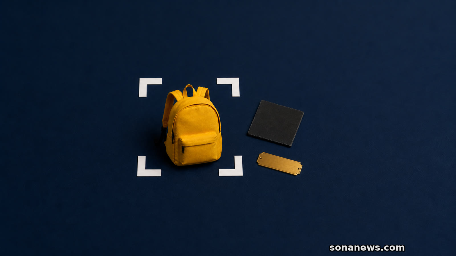 A school backpack sits inside photo crop corners while a face-down name board and blank house plate remain outside.