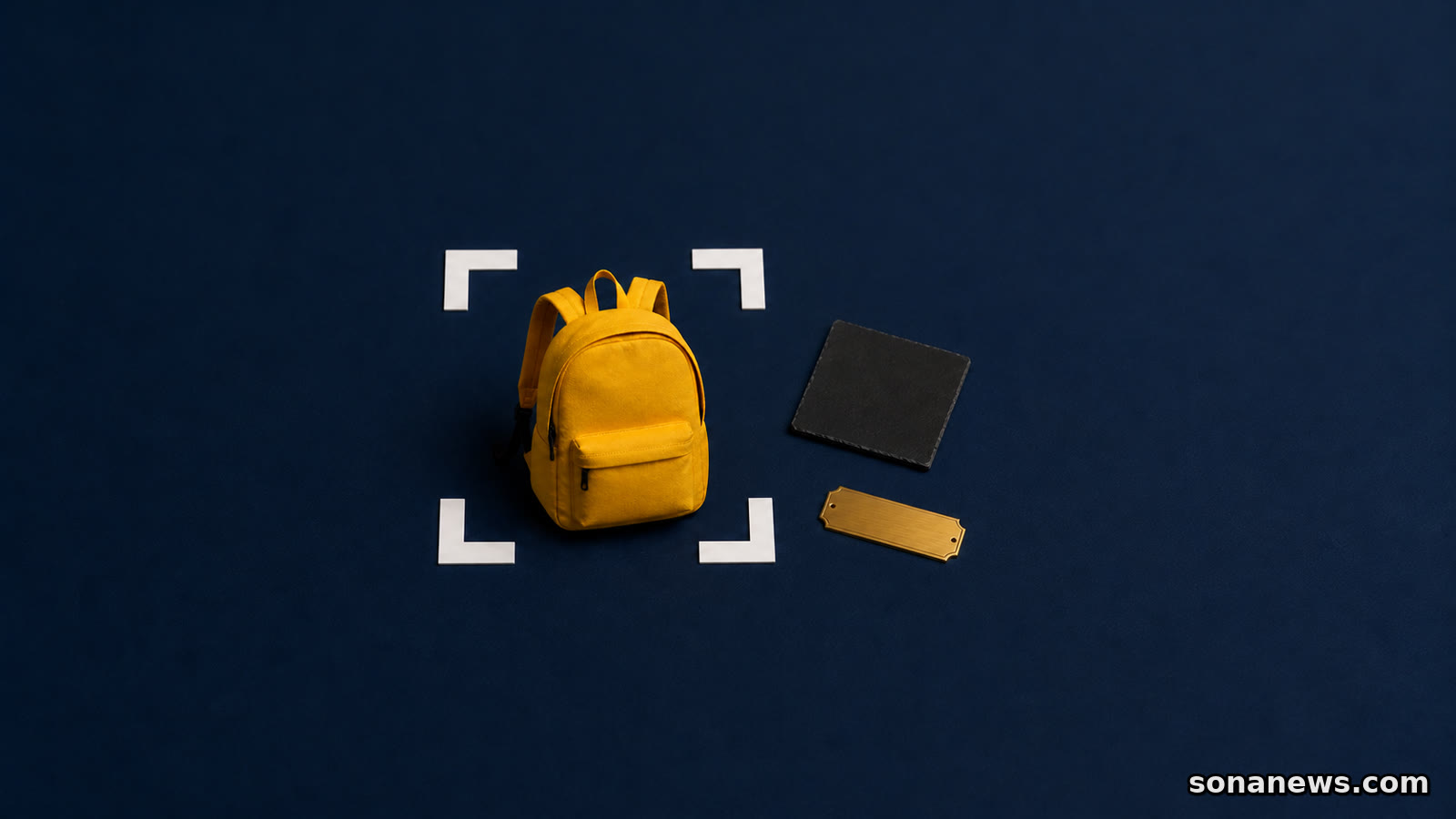 A school backpack sits inside photo crop corners while a face-down name board and blank house plate remain outside.