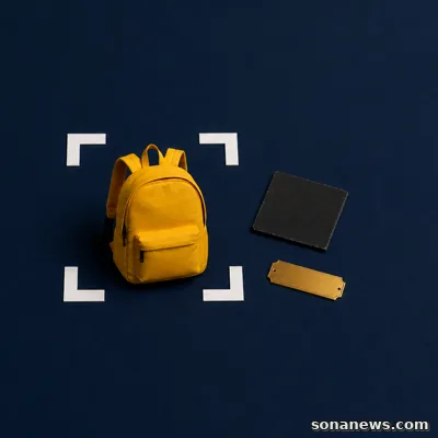 A school backpack sits inside photo crop corners while a face-down name board and blank house plate remain outside.