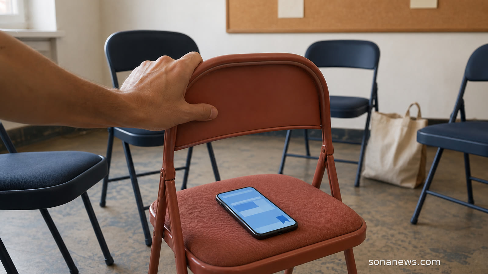 A hand pulls a coral chair into a community circle, with an abstract news feed visible on the seat.