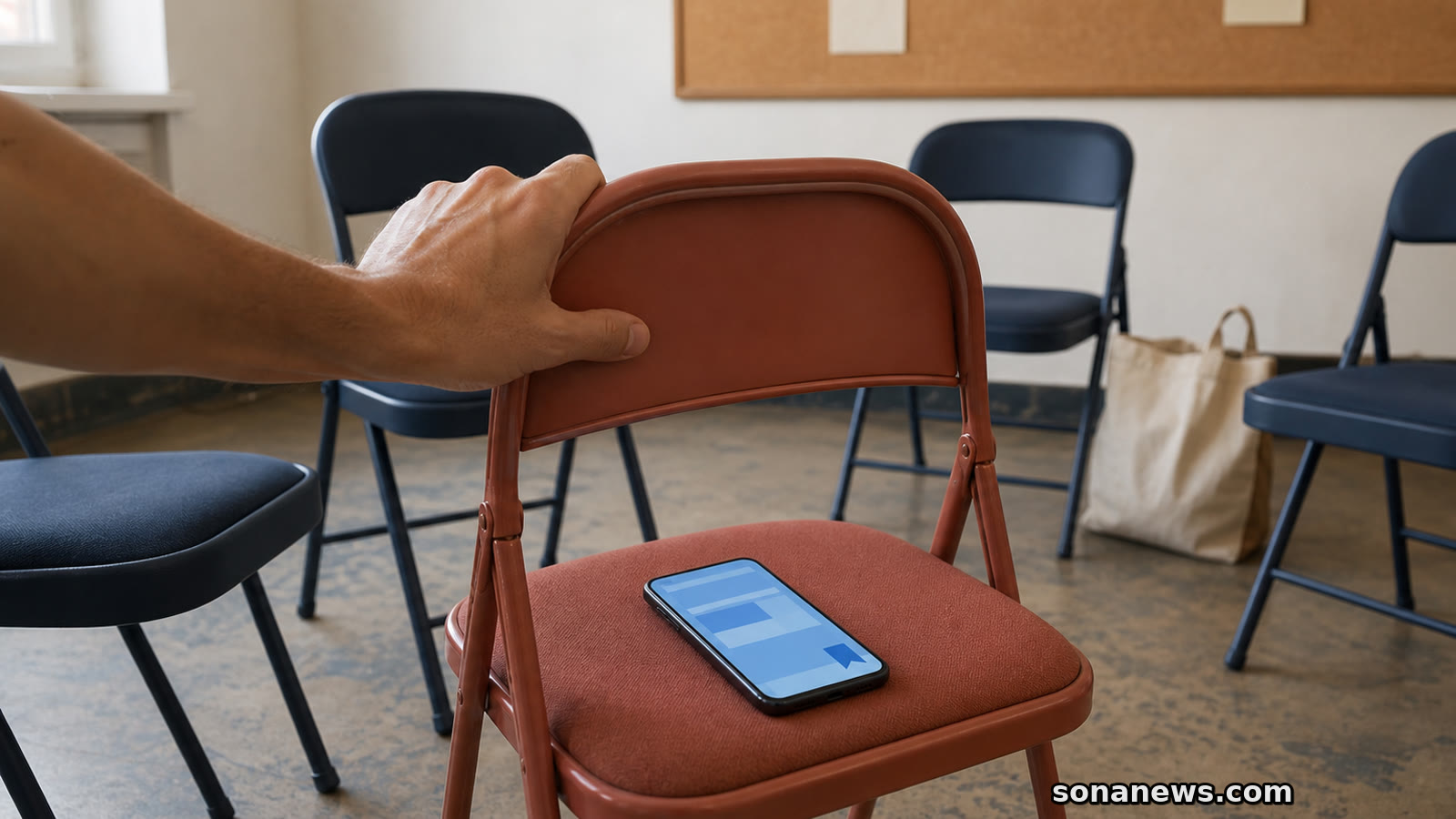 A hand pulls a coral chair into a community circle, with an abstract news feed visible on the seat.