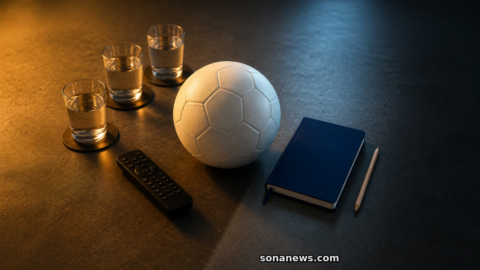 An illustrative football rests between an evening viewing table and a work notebook prepared for the next morning.