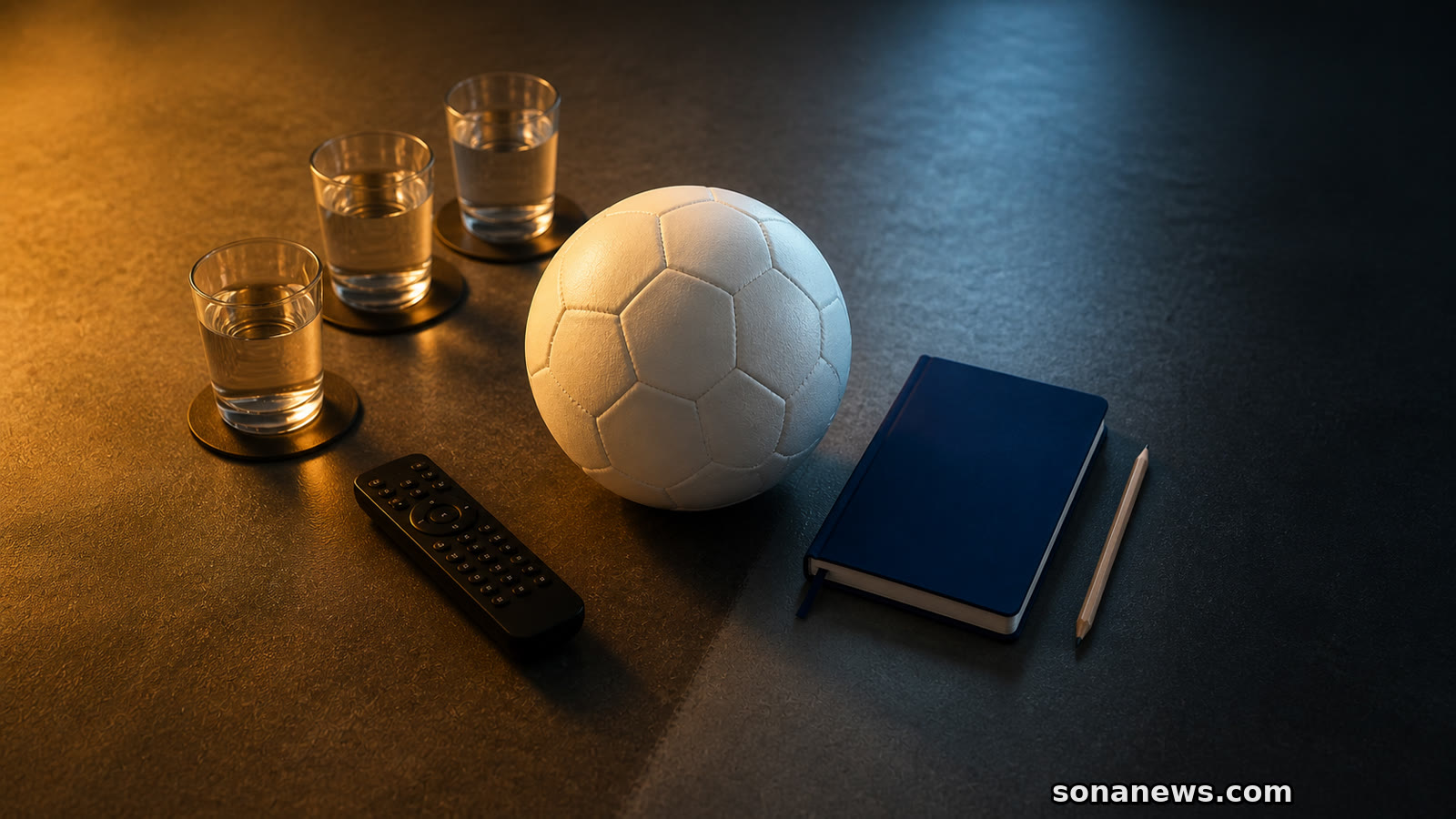An illustrative football rests between an evening viewing table and a work notebook prepared for the next morning.