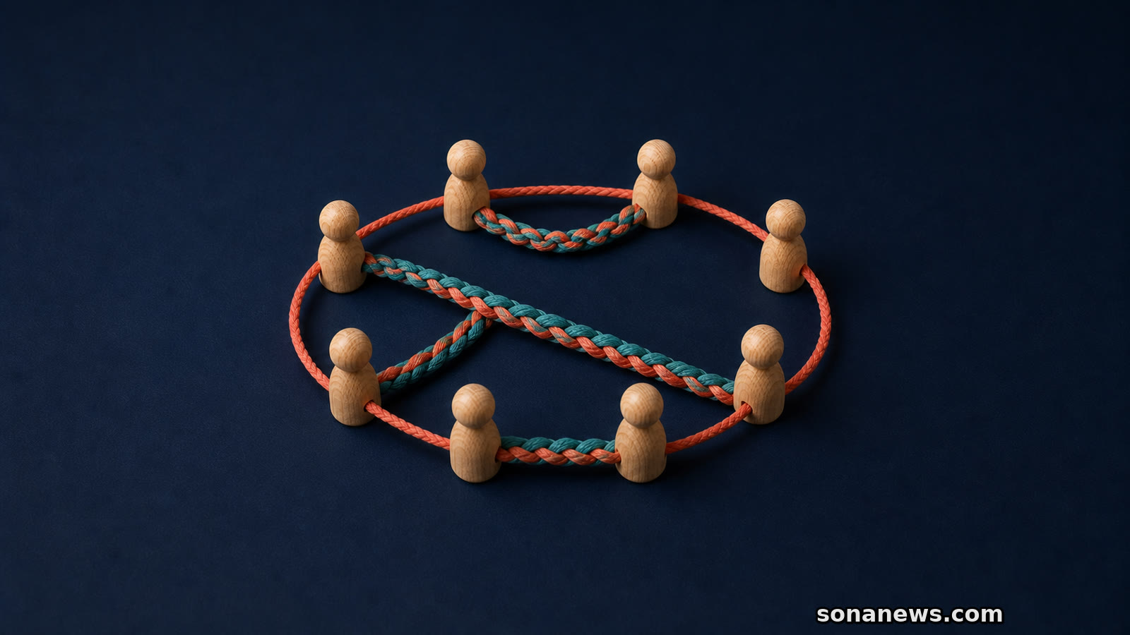 Wooden figures form a wide circle linked by coral cord and multiple teal braids representing friendship breadth and intimacy.