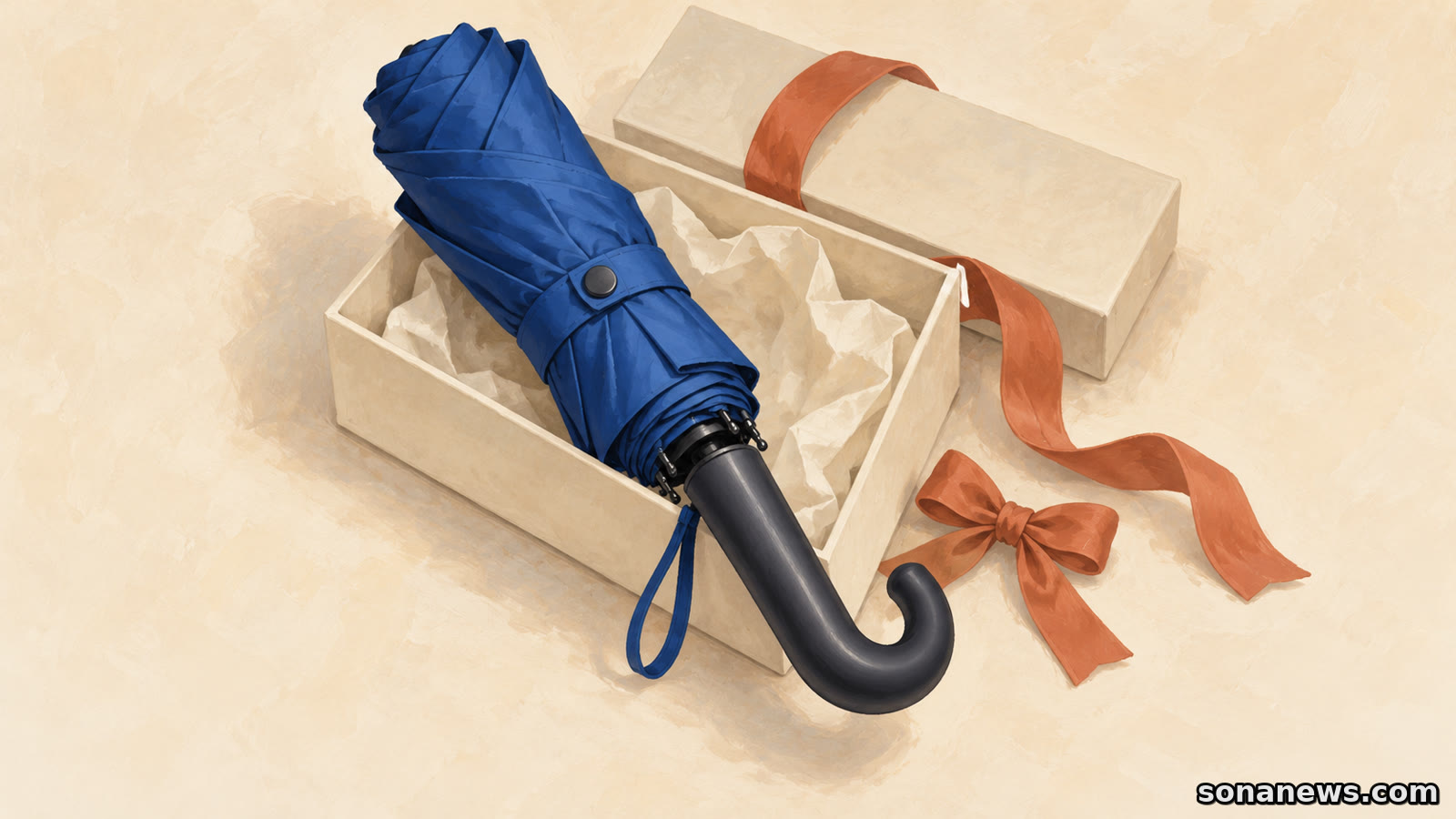 Conceptual illustration of a compact blue umbrella emerging from an open gift box, with its ribbon set aside.