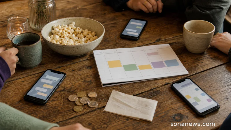 Three phones with abstract message bubbles beside a blank weekly planner for a group chat social calendar story.