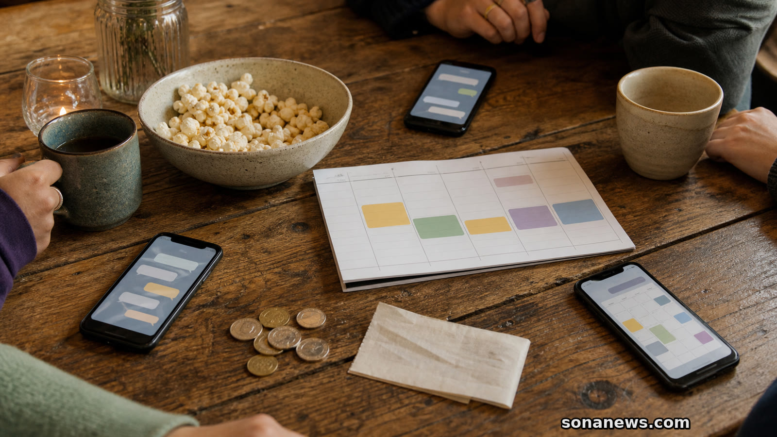 Three phones with abstract message bubbles beside a blank weekly planner for a group chat social calendar story.