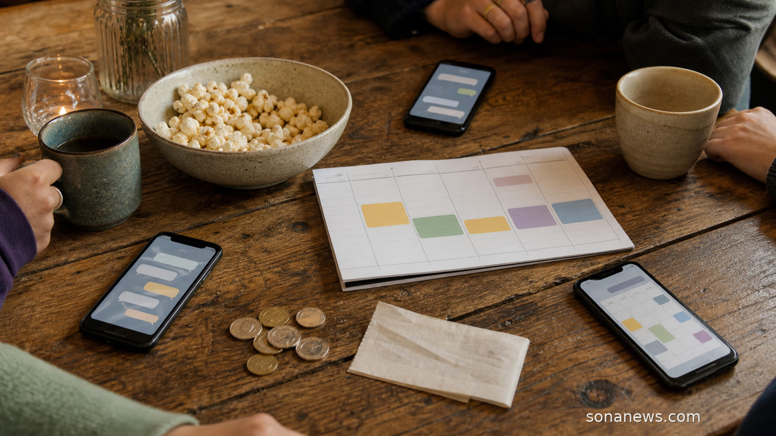 Three phones with abstract message bubbles beside a blank weekly planner for a group chat social calendar story.