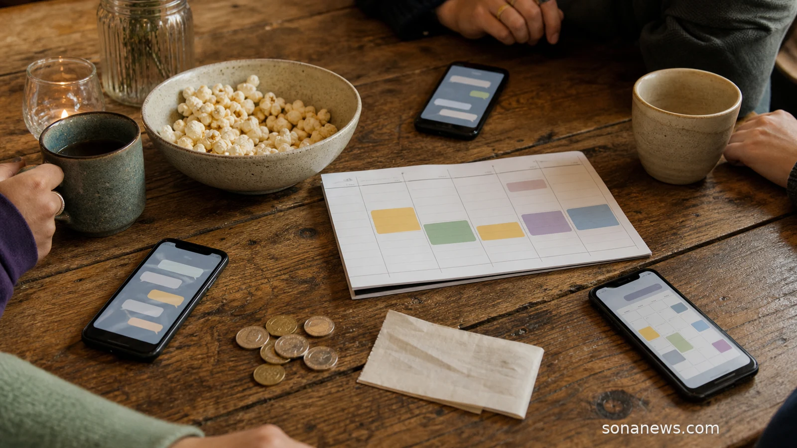 Three phones with abstract message bubbles beside a blank weekly planner for a group chat social calendar story.