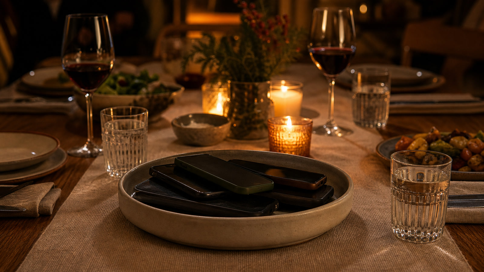A modest dinner table with simple food and several face-down phones placed in a small bowl.