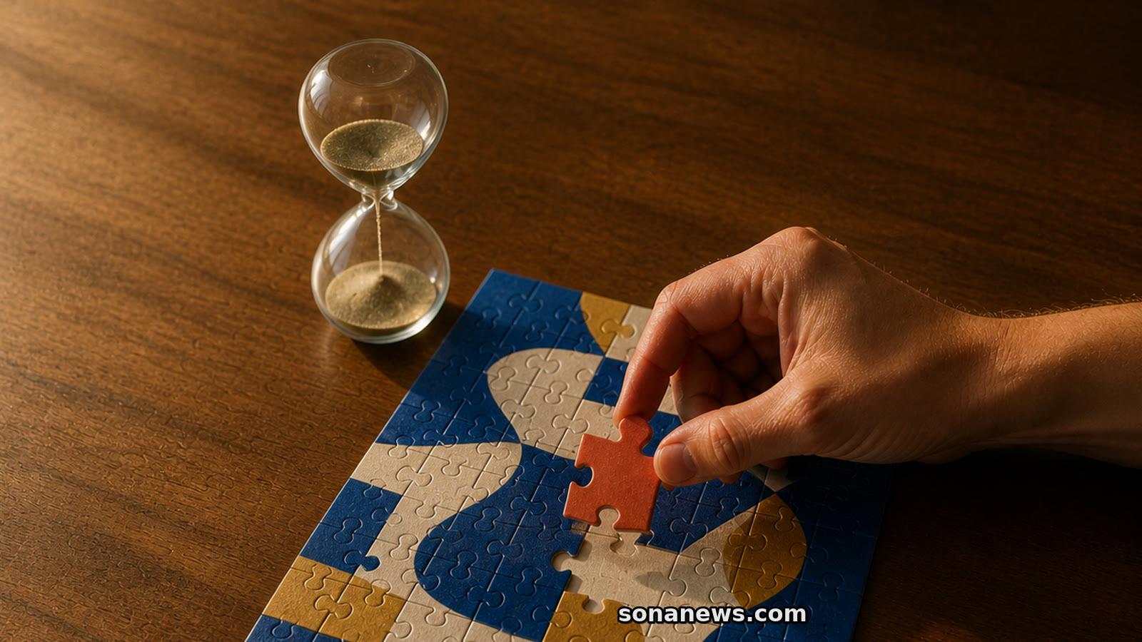 An illustrative leisure scene shows a hand holding a coral jigsaw piece above a puzzle beside an hourglass.