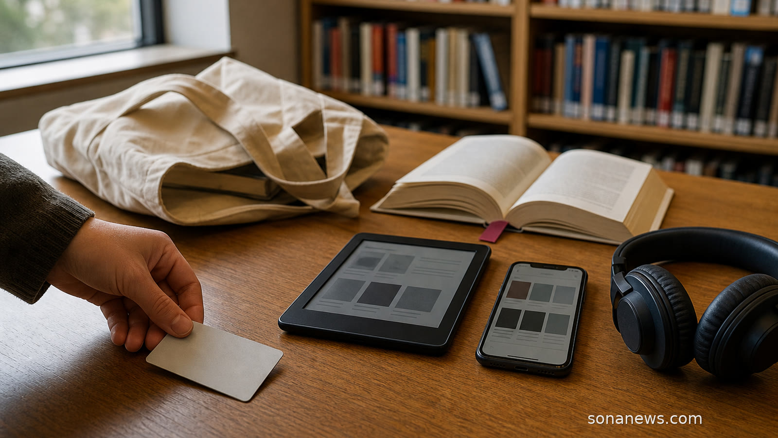 Library card beside an e-reader, headphones and books, illustrating digital library borrowing.