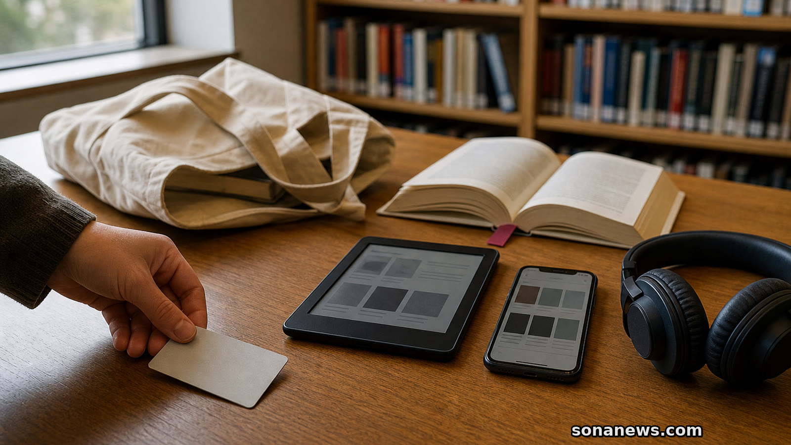 Library card beside an e-reader, headphones and books, illustrating digital library borrowing.