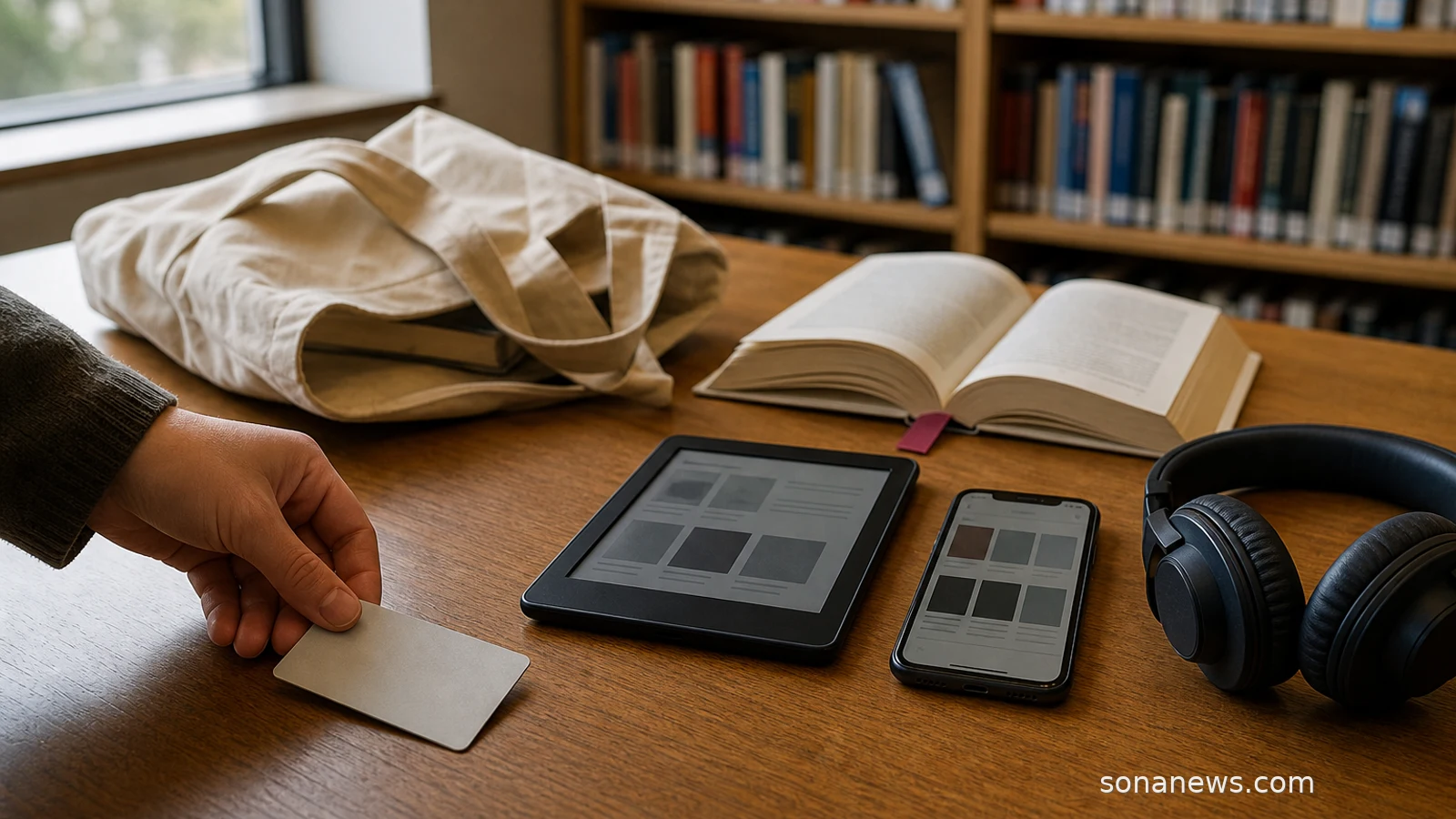 Library card beside an e-reader, headphones and books, illustrating digital library borrowing.