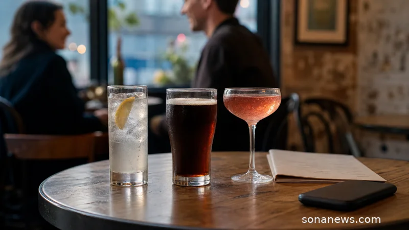Unbranded no-alcohol drinks on a cafe table for a lifestyle story about moderation and nights out.