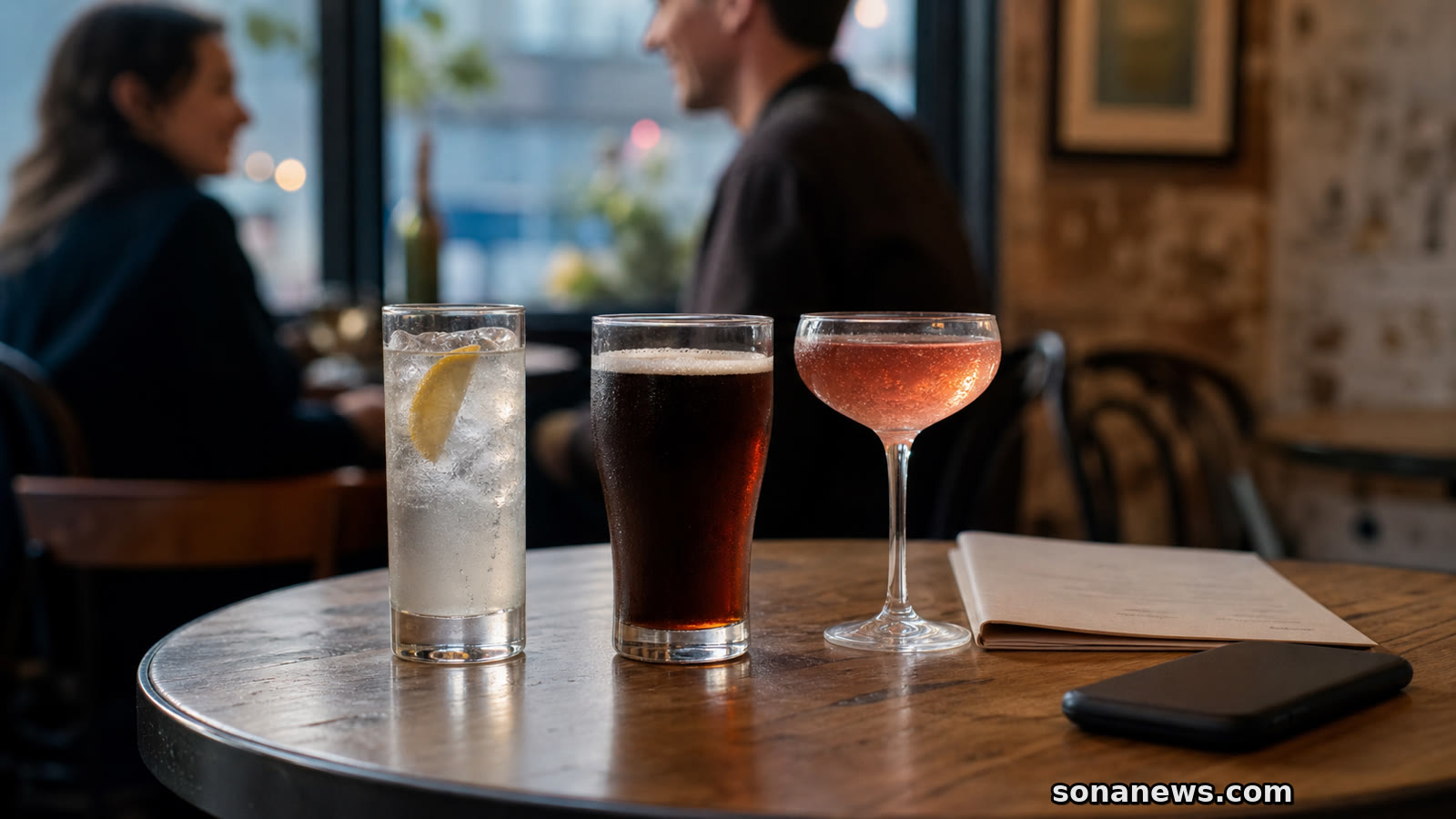 Unbranded no-alcohol drinks on a cafe table for a lifestyle story about moderation and nights out.