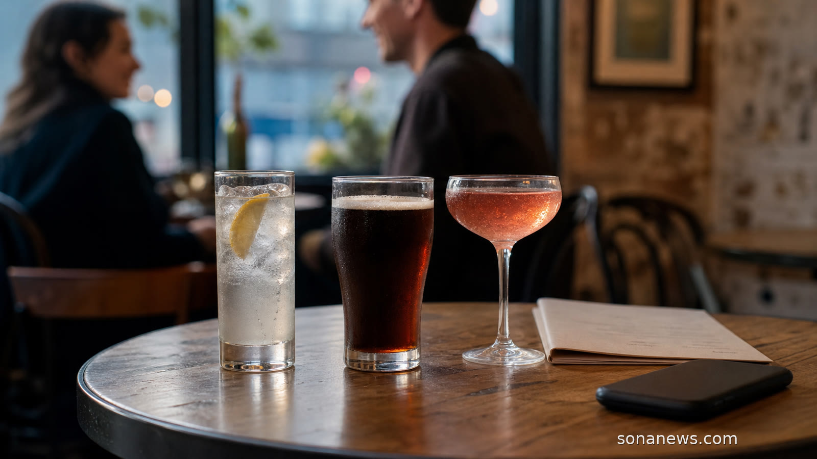 Unbranded no-alcohol drinks on a cafe table for a lifestyle story about moderation and nights out.