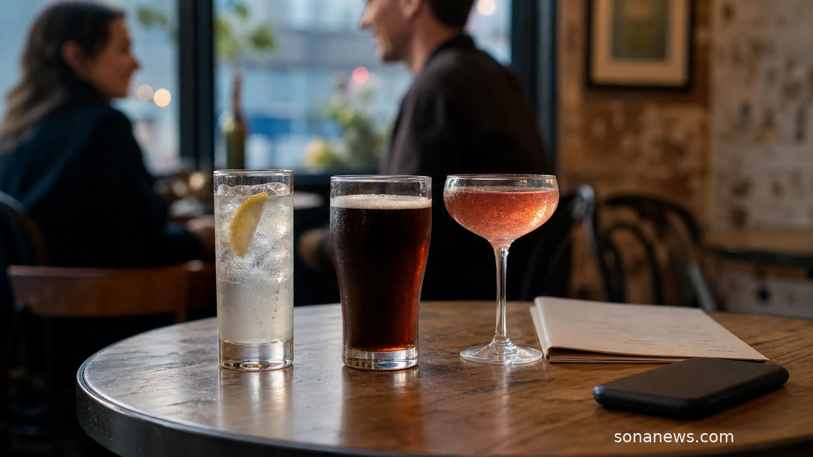 Unbranded no-alcohol drinks on a cafe table for a lifestyle story about moderation and nights out.