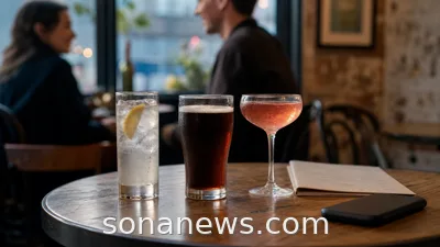 Unbranded no-alcohol drinks on a cafe table for a lifestyle story about moderation and nights out.