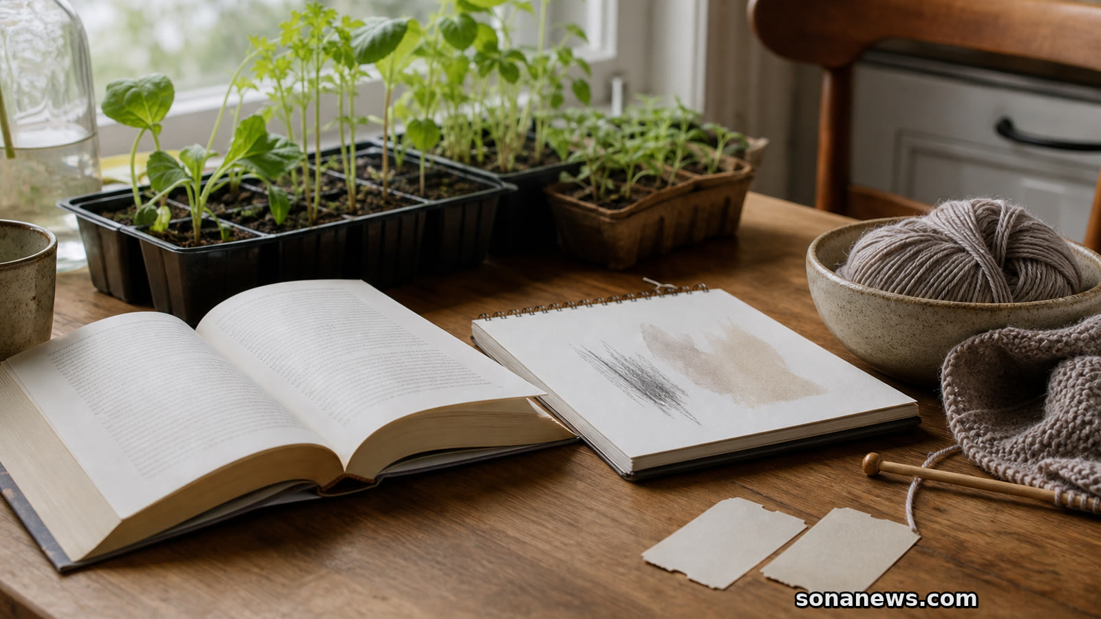 Seed trays, an open book, yarn and sketch materials on a kitchen table for an offline hobbies article.