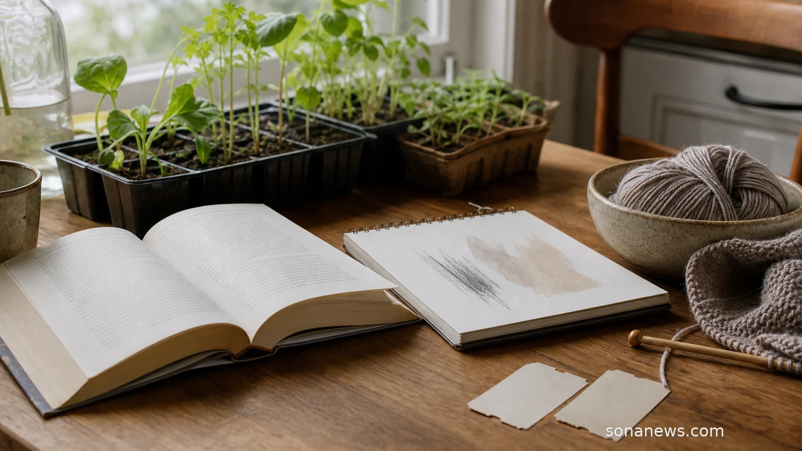 Seed trays, an open book, yarn and sketch materials on a kitchen table for an offline hobbies article.