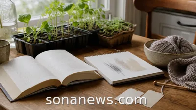 Seed trays, an open book, yarn and sketch materials on a kitchen table for an offline hobbies article.