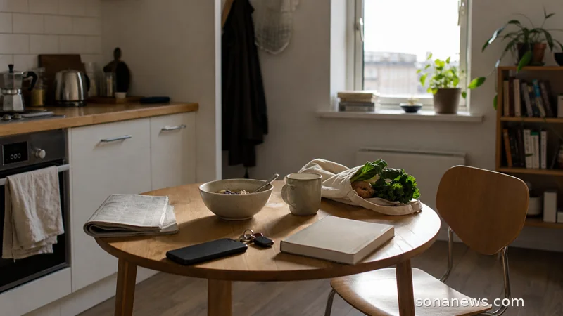 A small apartment kitchen table set for one for a lifestyle story about one-person households and solo living.