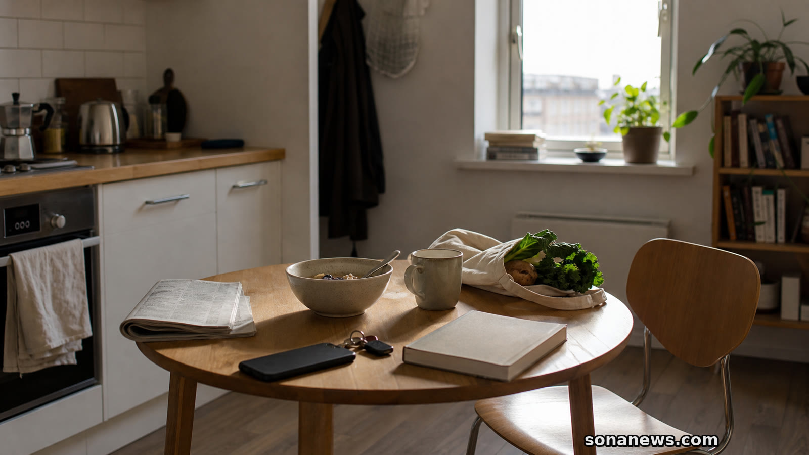 A small apartment kitchen table set for one for a lifestyle story about one-person households and solo living.