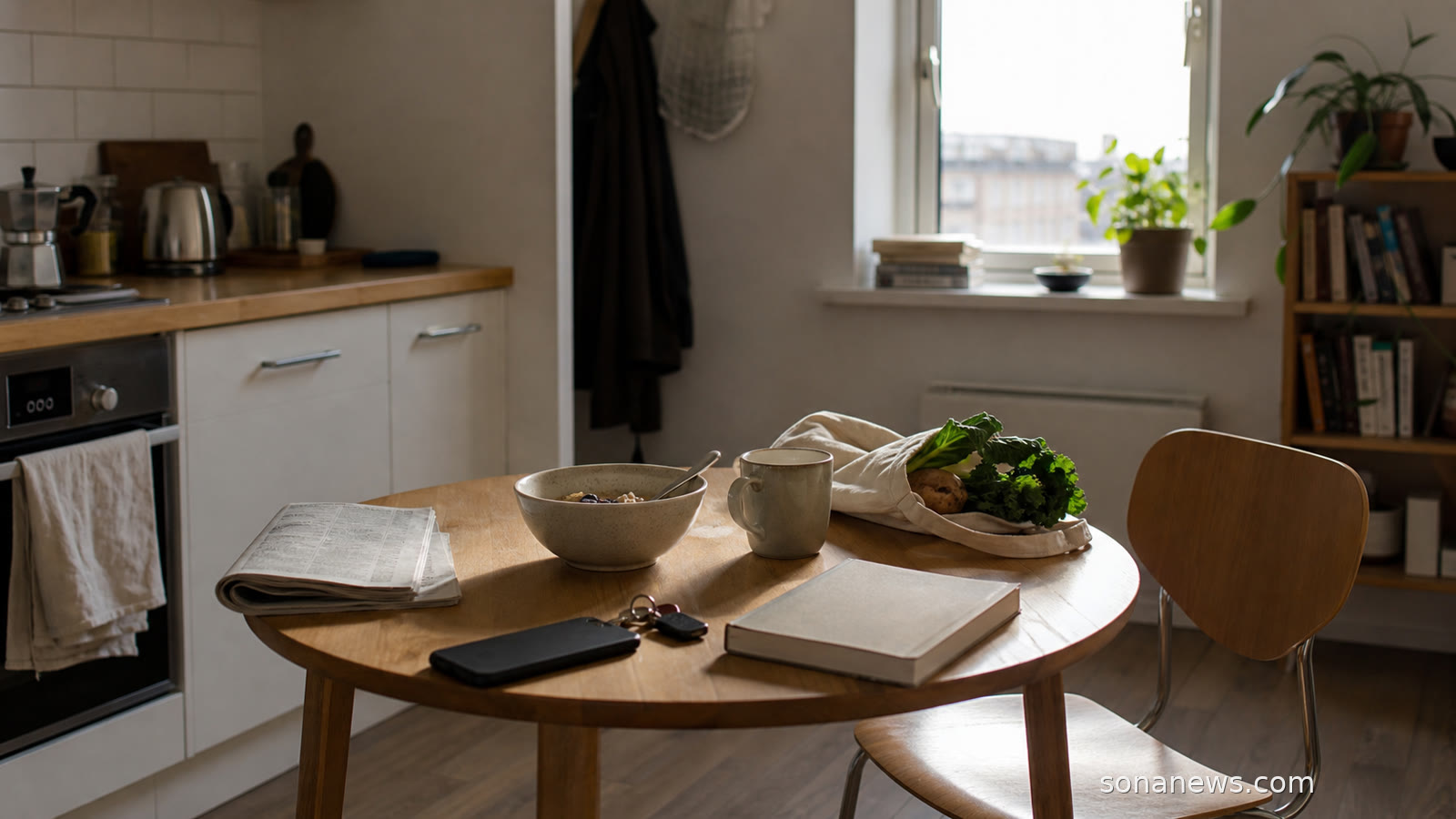 A small apartment kitchen table set for one for a lifestyle story about one-person households and solo living.