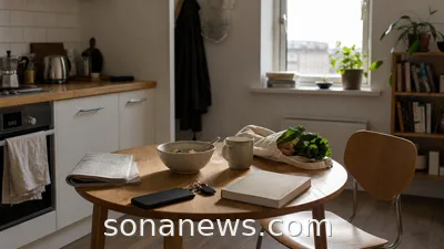 A small apartment kitchen table set for one for a lifestyle story about one-person households and solo living.