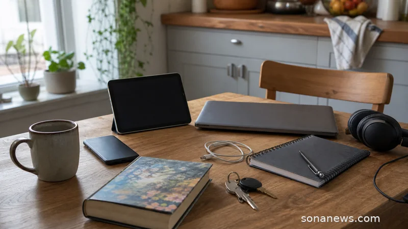 A phone, tablet, laptop, planner and keys on a kitchen table for an online day lifestyle article.