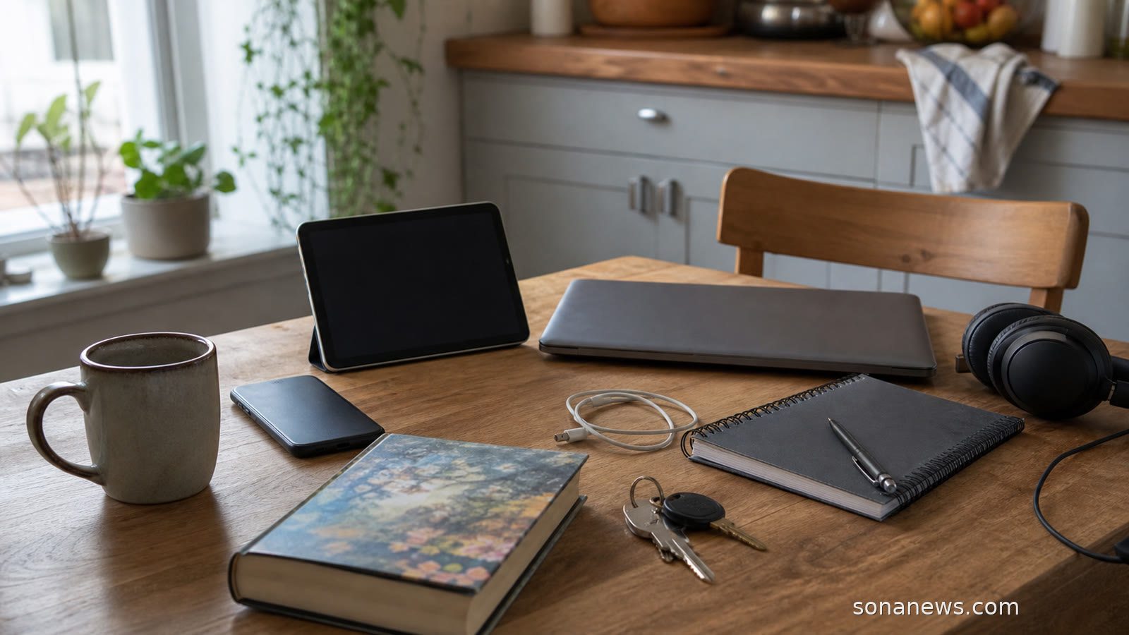 A phone, tablet, laptop, planner and keys on a kitchen table for an online day lifestyle article.