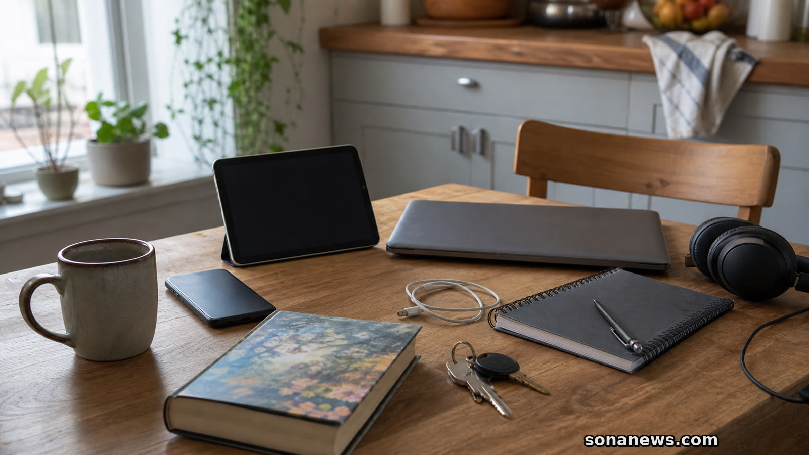 A phone, tablet, laptop, planner and keys on a kitchen table for an online day lifestyle article.