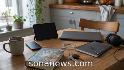 A phone, tablet, laptop, planner and keys on a kitchen table for an online day lifestyle article.