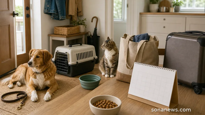 Dog, cat carrier, lead, travel bowl and blank calendar in a home entryway for a pet-friendly household planning article.
