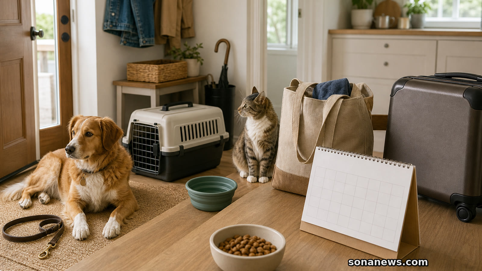 Dog, cat carrier, lead, travel bowl and blank calendar in a home entryway for a pet-friendly household planning article.