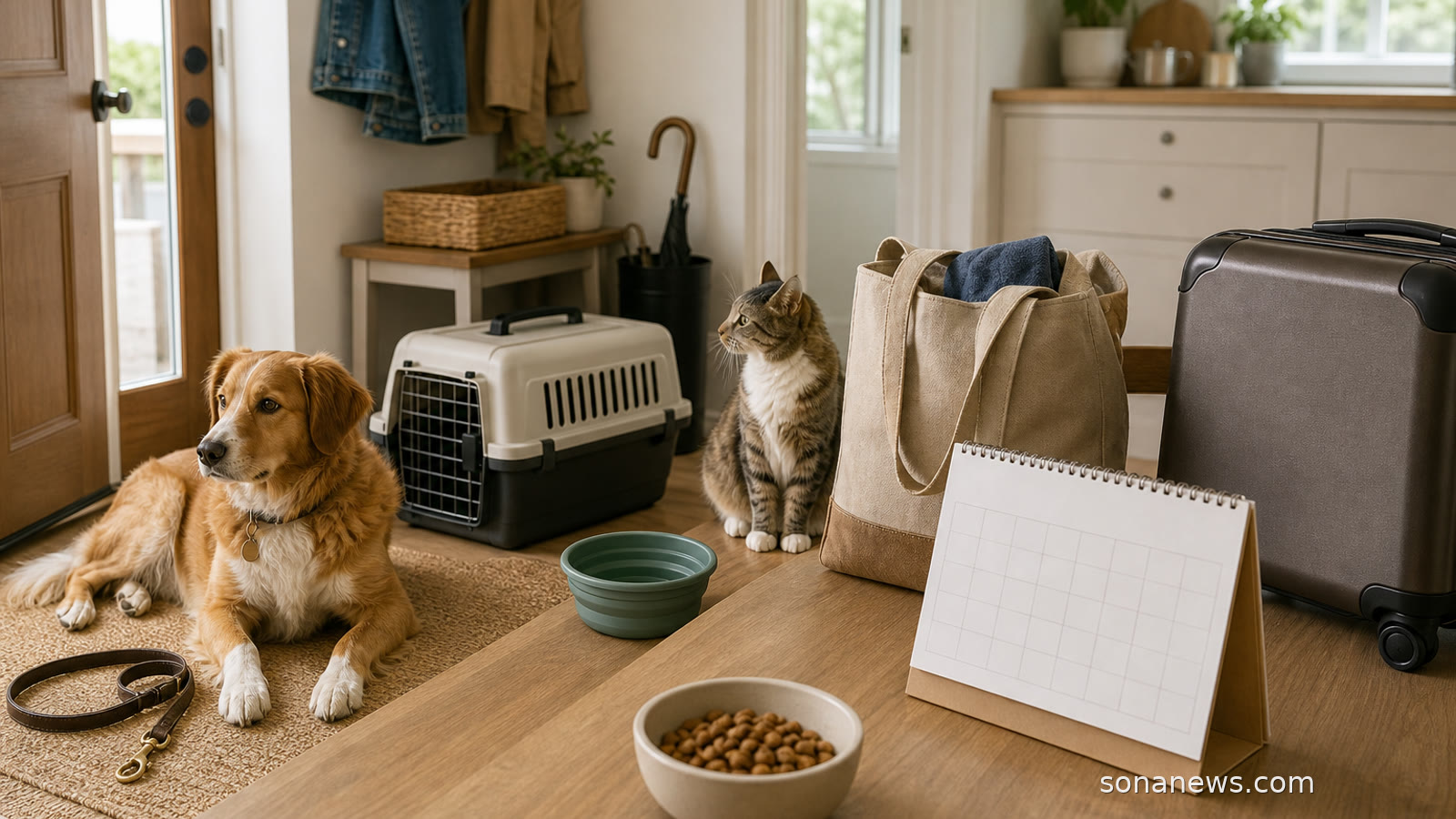 Dog, cat carrier, lead, travel bowl and blank calendar in a home entryway for a pet-friendly household planning article.