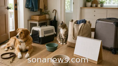 Dog, cat carrier, lead, travel bowl and blank calendar in a home entryway for a pet-friendly household planning article.