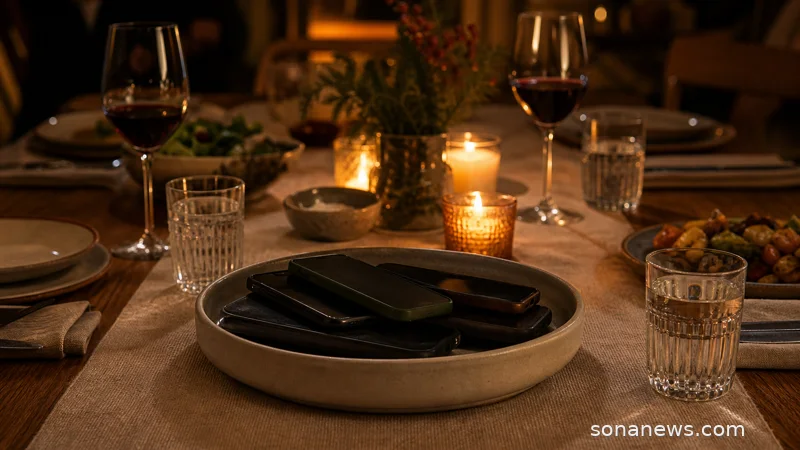 Dinner table with shared food and face-down phones in a bowl, illustrating phone-free meals, attention and social connection.