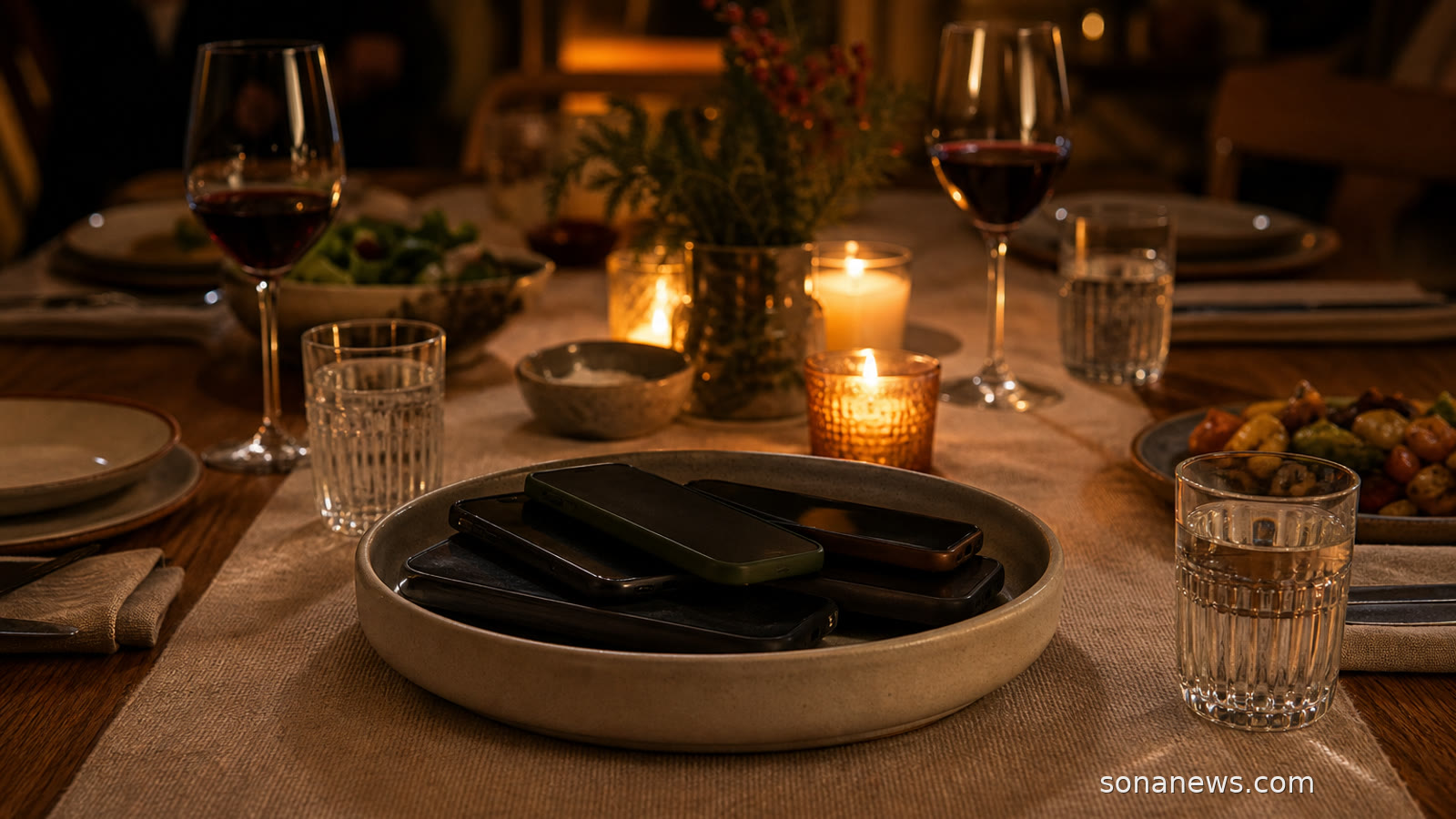 Mesa de cena con comida compartida y móviles boca abajo en un cuenco, imagen sobre comidas sin teléfono, atención y conexión social.