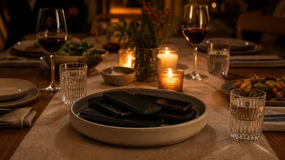 A modest dinner table with simple food and several face-down phones placed in a small bowl.