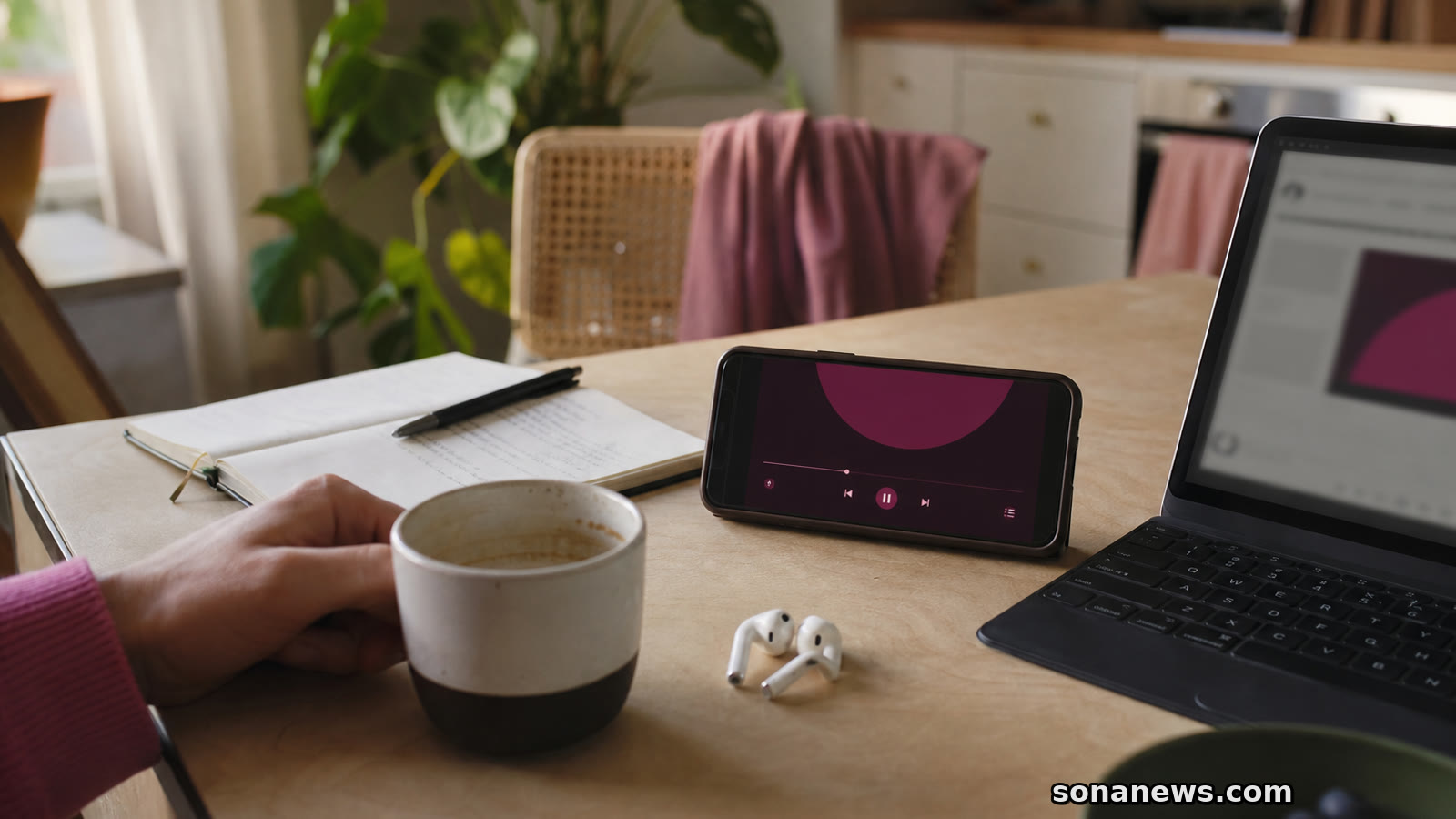 Earbuds, phone with a video player and coffee on a small table, illustrating podcasts becoming a screen habit.