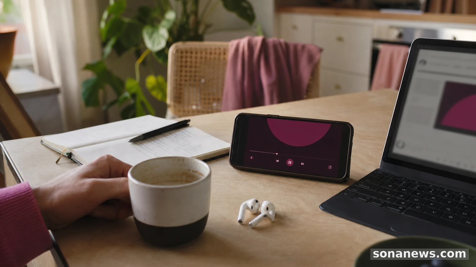 Earbuds, phone with a video player and coffee on a small table, illustrating podcasts becoming a screen habit.