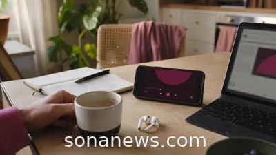 Earbuds, phone with a video player and coffee on a small table, illustrating podcasts becoming a screen habit.