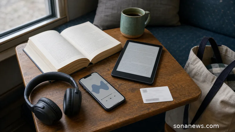 A paperback, e-reader, headphones and library card arranged as a reading habit format stack.