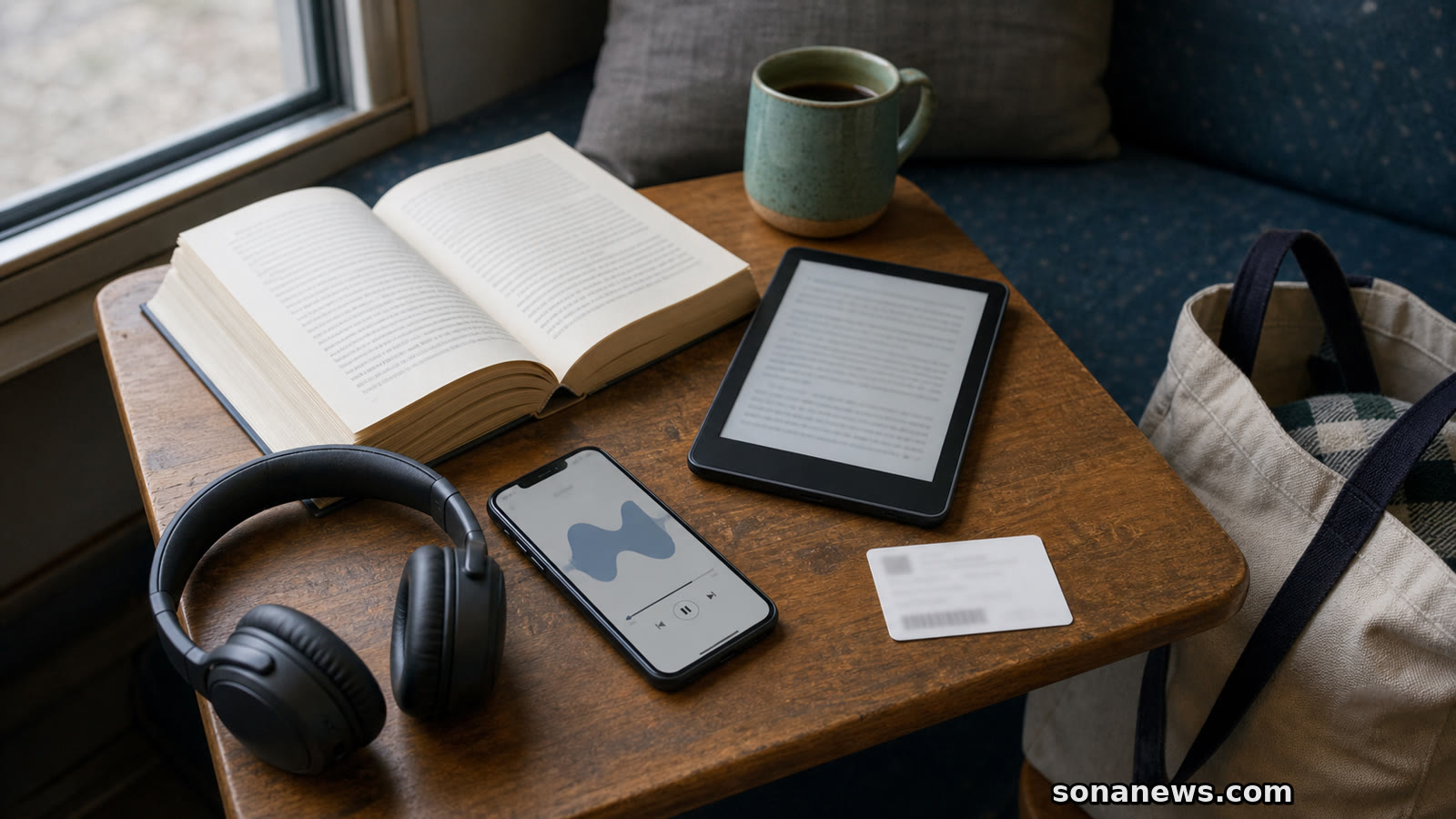 A paperback, e-reader, headphones and library card arranged as a reading habit format stack.