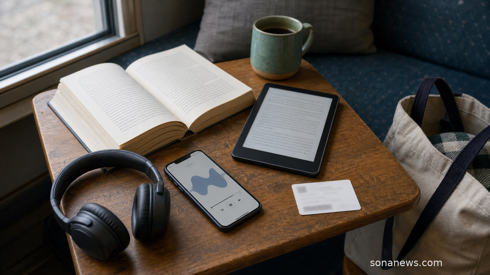 A paperback, e-reader, headphones and library card arranged as a reading habit format stack.