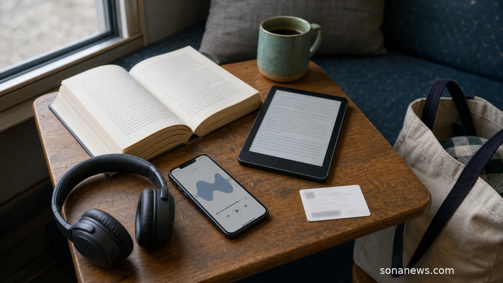 A paperback, e-reader, headphones and library card arranged as a reading habit format stack.