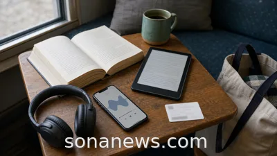 A paperback, e-reader, headphones and library card arranged as a reading habit format stack.
