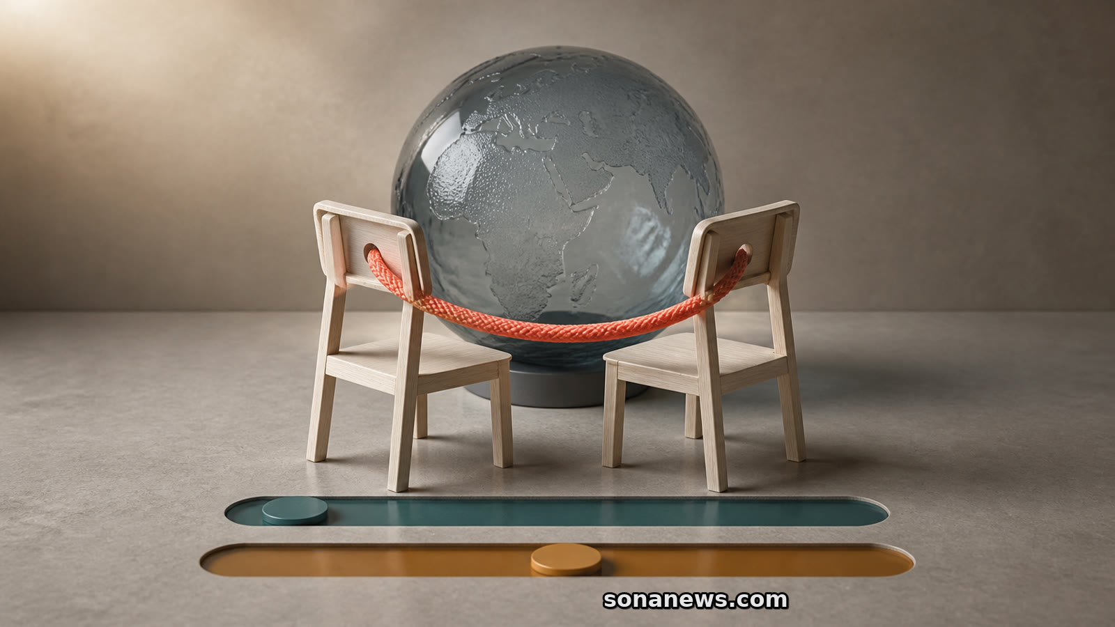 A conceptual globe stands behind two linked chairs and paired rating sliders representing relationship satisfaction and self-rated health.
